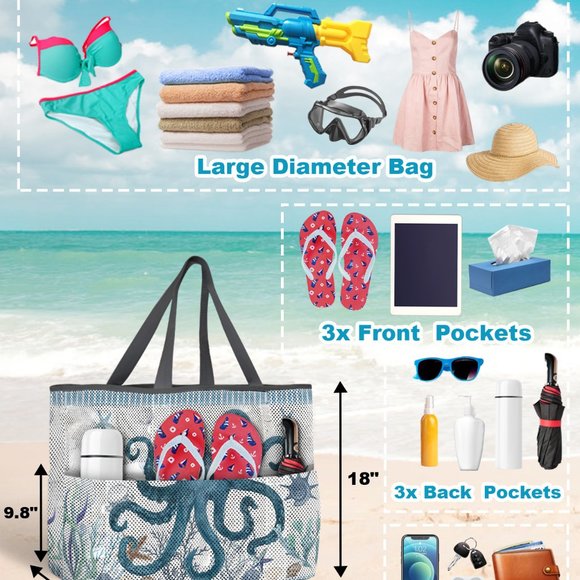 Large Octopus Patterned 7 Pocket Mesh Sand-Proof Beach Bag - Picture 3 of 5